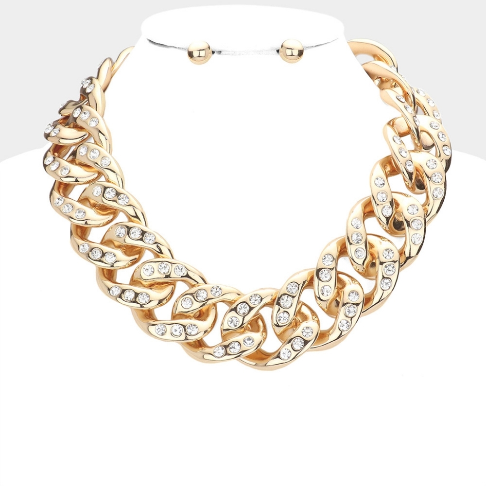 iFashionBox Gold and Clear Crystal Statement Chain Necklace